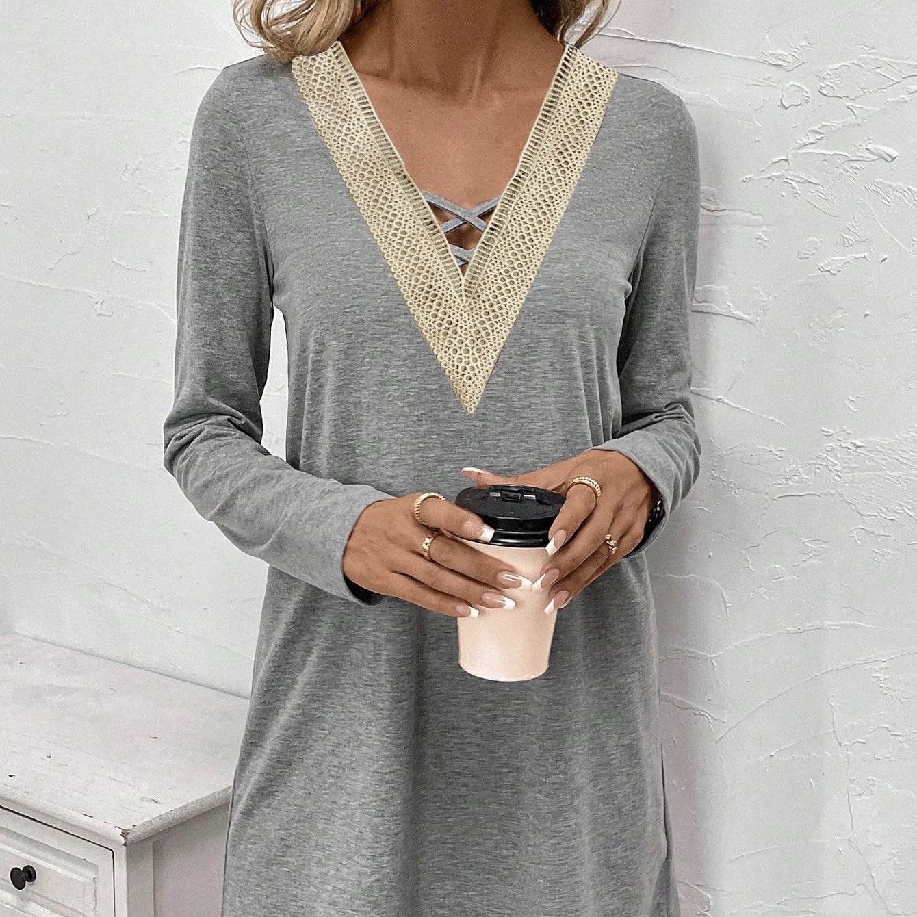 Ladies' Spring And AutumnSummer Long Sleeved Lace Splicing Hollow V-neck Elegant Casual Style Dress