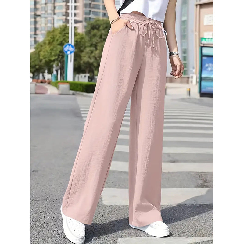 Women's Casual Pants Drawstring Elastic Waist Pants Flowy Wide Leg Trousers With Pockets