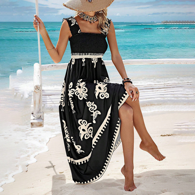 Women's Wide Strap Printed Maxi Dress With Bust Pleats, A-Line Vacation Dress