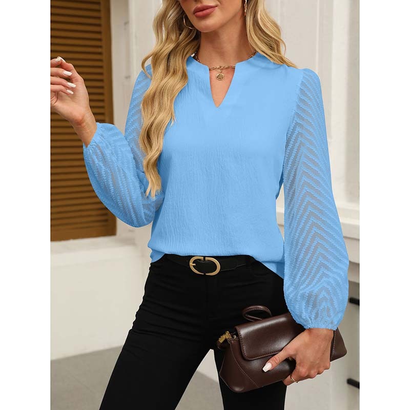 Womens Casual Lace Long Sleeve Chiffon Shirts Dressy Casual V Neck Blouses Business Work Tops