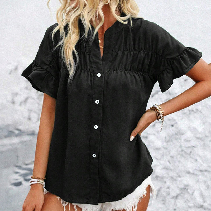 Women's Summer Casual Shirt - Button Front, Pleated Design With Lace Trim, Solid Color Top