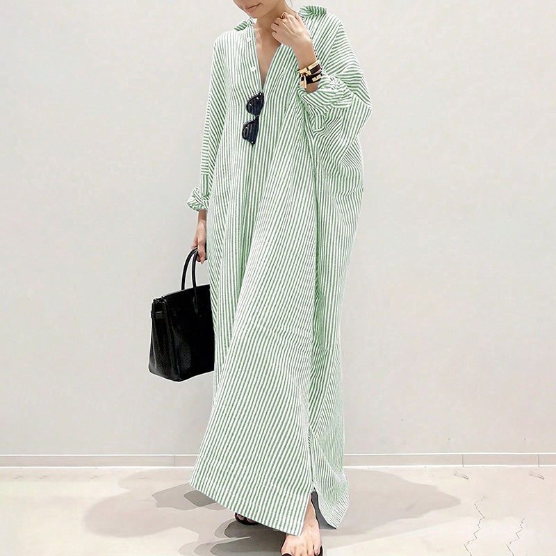 Womens Striped Long Sleeve Dress Casual Loose Button Down Maxi Shirt Dress