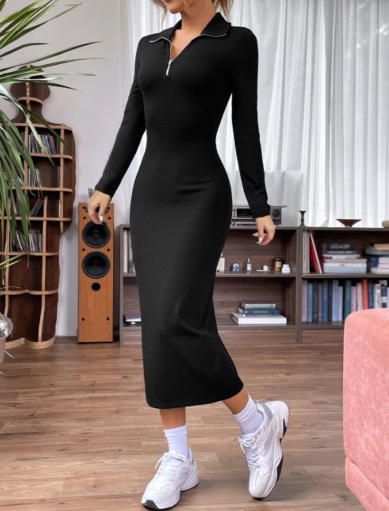 Women's Solid Color V-neck Zipper Casual Long Sleeved Dress