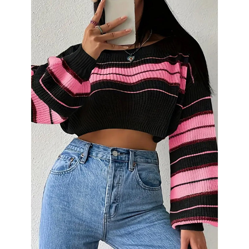 Women's Color Block Striped Sweater Crew Neck Lantern Sleeve Cropped Pullover Tops