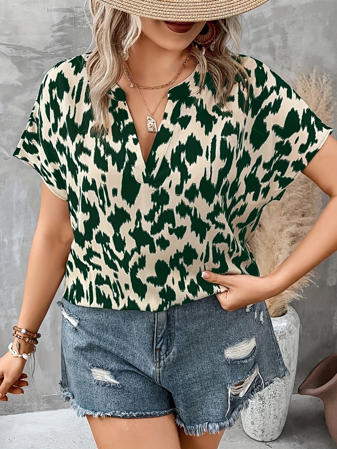 Women's Plus Size Printed Blouse - Summer Casual V-Neck Top For Work & Outings