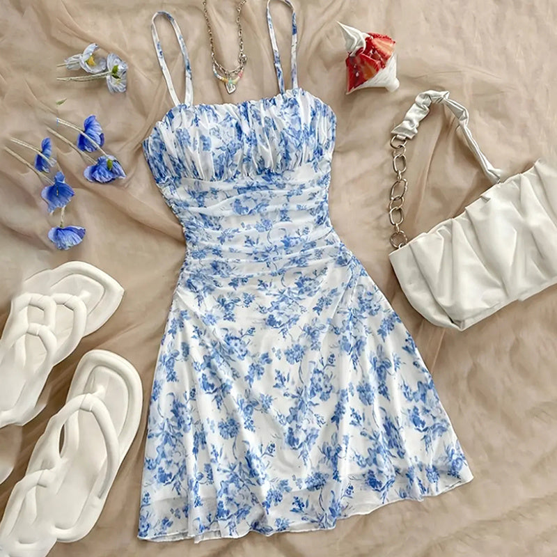 Women's Boho Floral Print Mini Dress Spaghetti Strap Ruched Ruffle Hem Vacation Sundresses