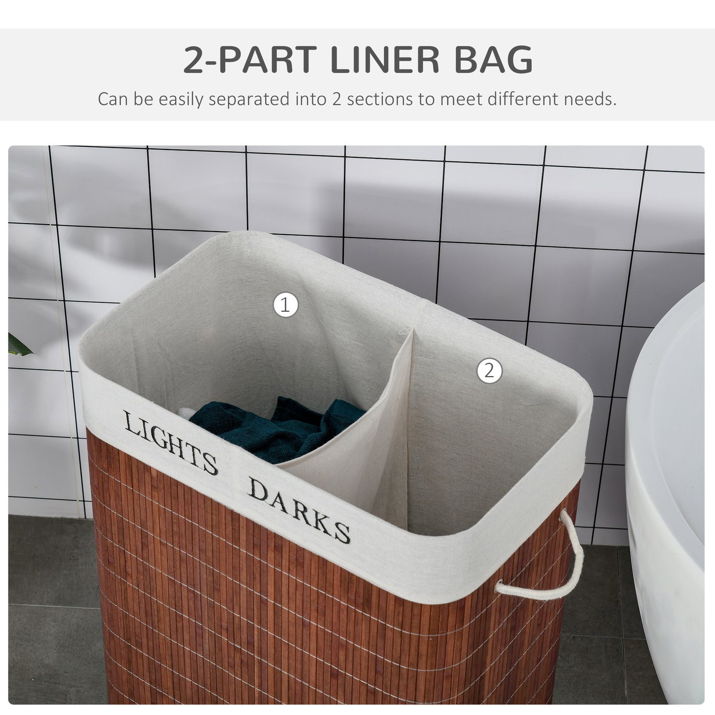 Bamboo Laundry Basket With Lid And String Handles, Collapsible Laundry Hamper With 2 Removable Bags