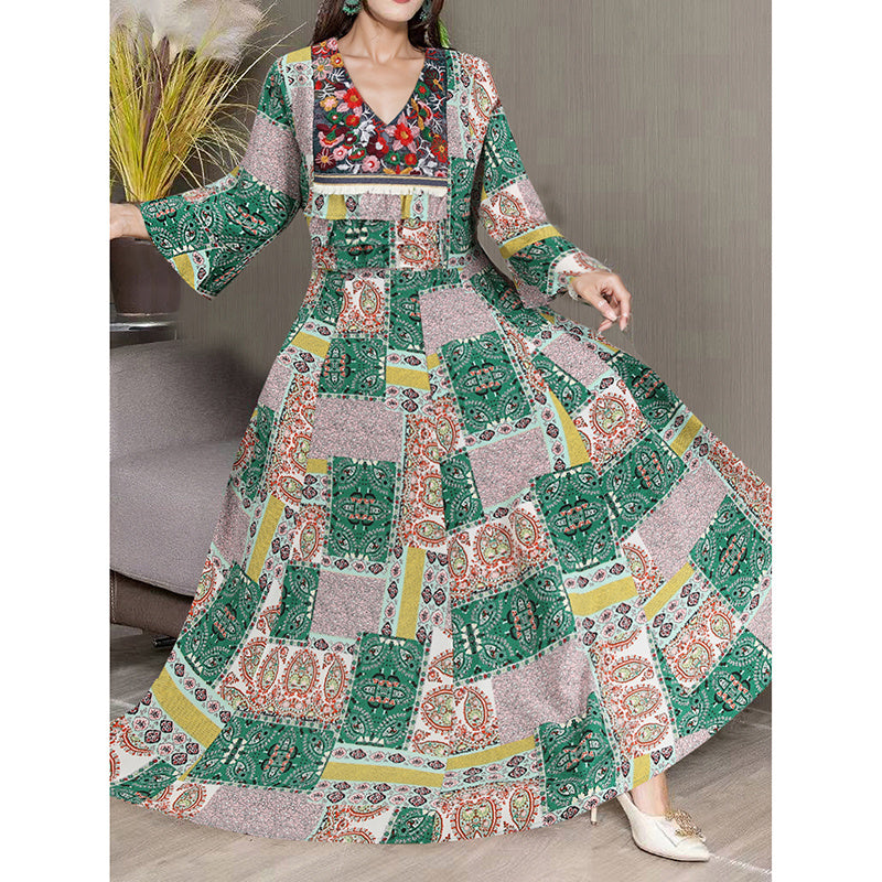 Women's Boho Maxi Dress 3 4 Sleeve V Neck Floral Embroidered Elegant A-Line Dress