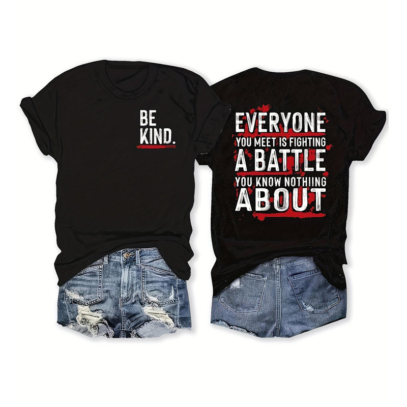 Women's Letter Print Round Neck Tee - Double-Sided Graphic Casual Summer T-Shirt