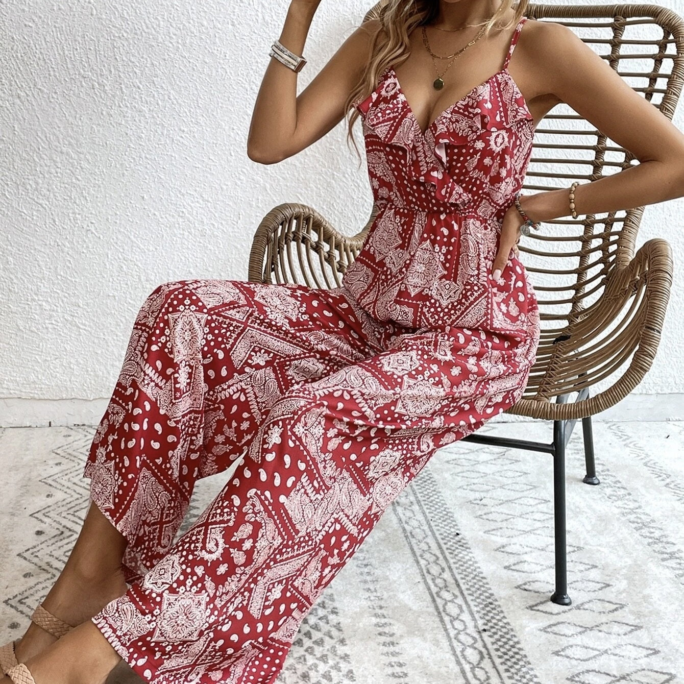 Ladies' Printed Ruffle Edge Decoration Waistless Camisole Jumpsuit