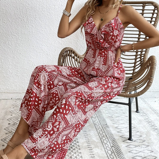 Ladies' Printed Ruffle Edge Decoration Waistless Camisole Jumpsuit