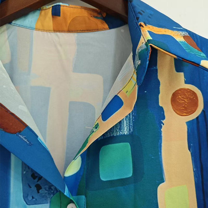 Women's Lapel Collar Printed Long Sleeve Shirt - Vibrant Colorful Pattern Button-Up Blouse Stylish Spring&Summer Vacation Top