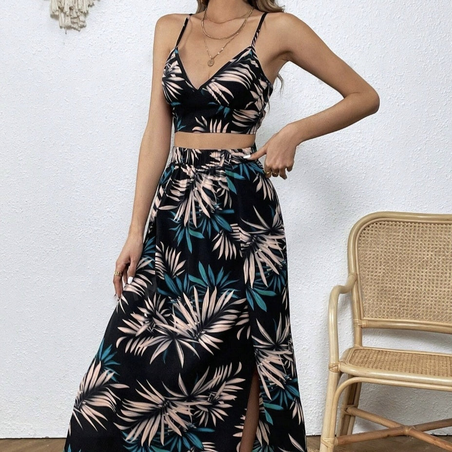 Women's V-neck Camisole Back Strap Top With Elastic Waistband And Half Skirt Set