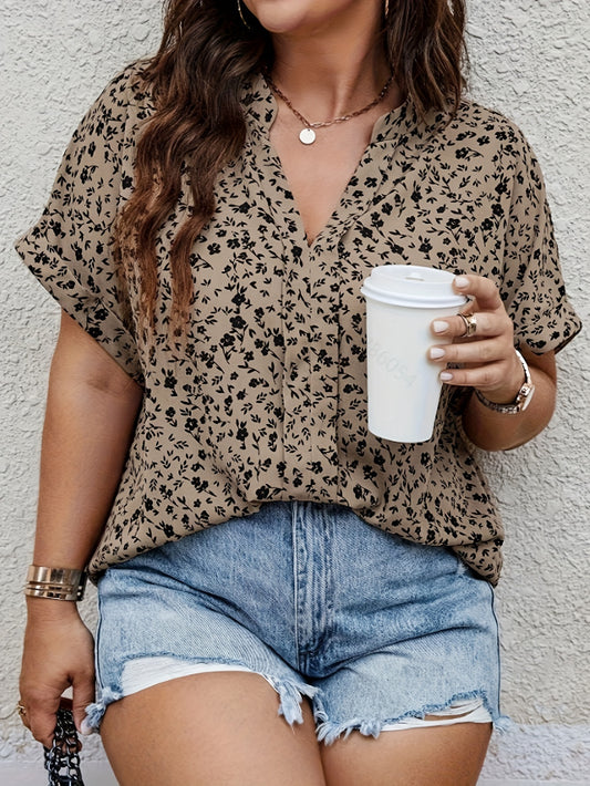 Women's Plus Size Printed Shirt - Summer Casual V-Neck Batwing Sleeve Top For Outings