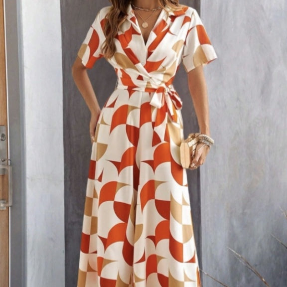 Women's Geometric Pattern Printed Lace Up Shirt Jumpsuit