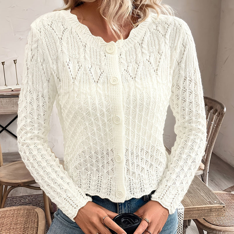 Women's Solid Color Elegant Round Neck Cardigan Top - Button Front Openwork Knit Top For Spring&Summer