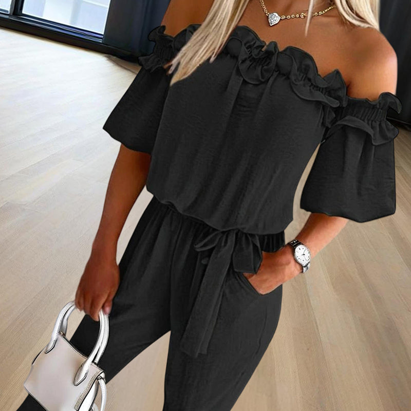 Women's Solid Color Elegant Off-Shoulder Jumpsuit With Ruffle Sleeves & Tie-Waist Summer Casual Romper