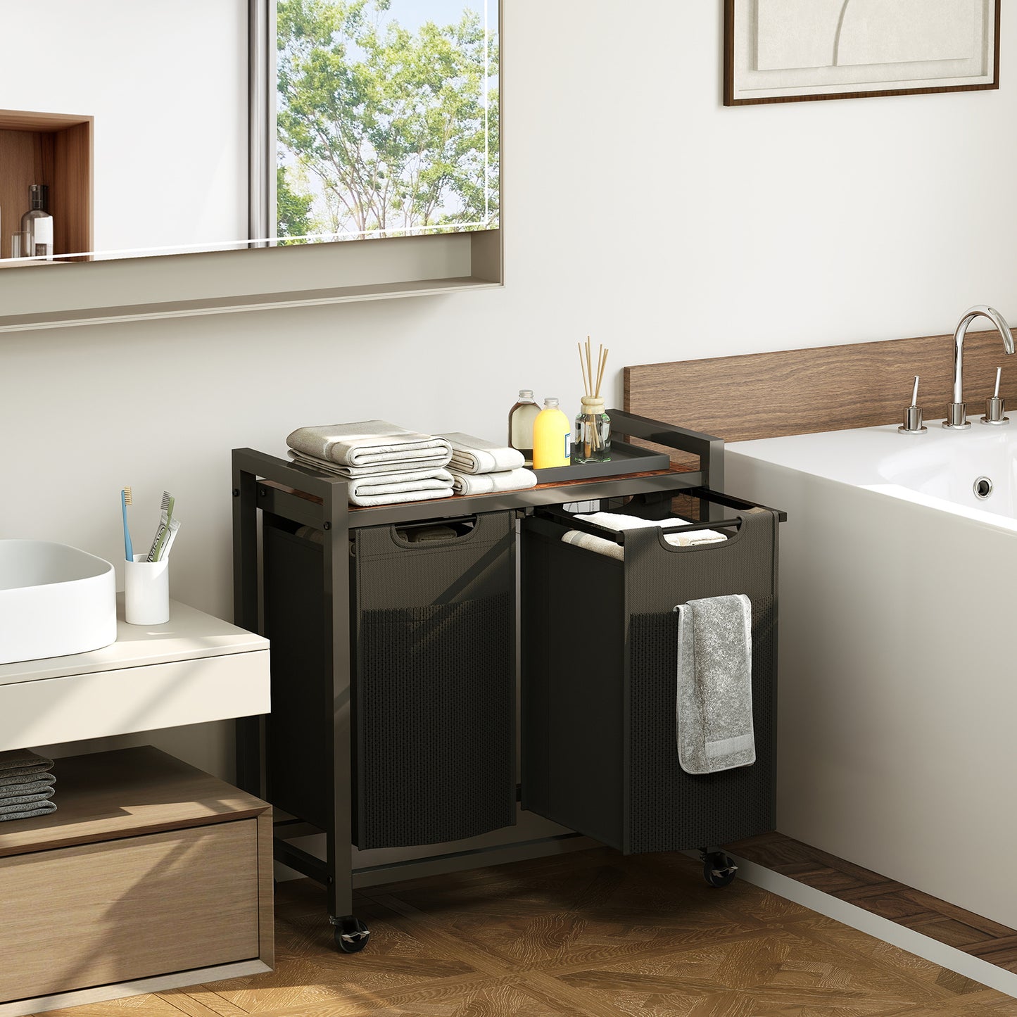 Laundry Hamper With 3 Pull-Out Removable Laundry Bags Clothing Sorter With Shelf And Wheels Adjustable Feet, 3 X 8.6 Gallons