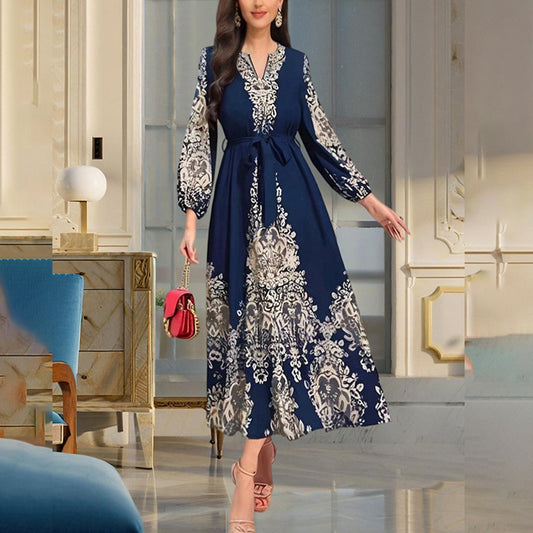 Women's Bohemian Floral Print Dress Ethnic Middle Eastern Style Long Sleeve Tiered Maxi Dress With Drawstring Waist