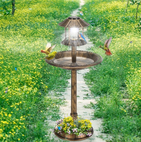 Bronze, With Solar Light, Bird Bath 51x51x106cm Plastic Round