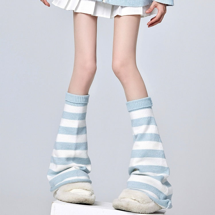 Hot Girl Horn Pile Style White And Blue Striped Leg Warmer Socks