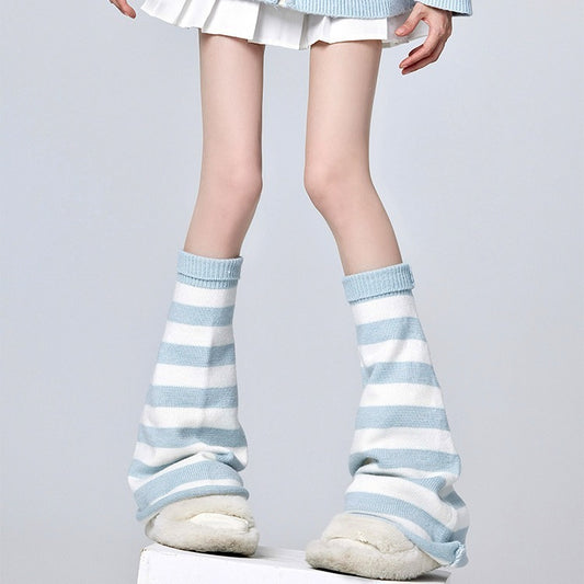 Hot Girl Horn Pile Style White And Blue Striped Leg Warmer Socks