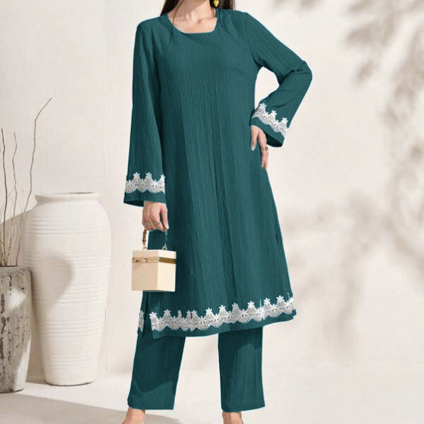 Ladies' Decal Slit Hem Top, Loose Casual Pants, Solid Color Pants Set