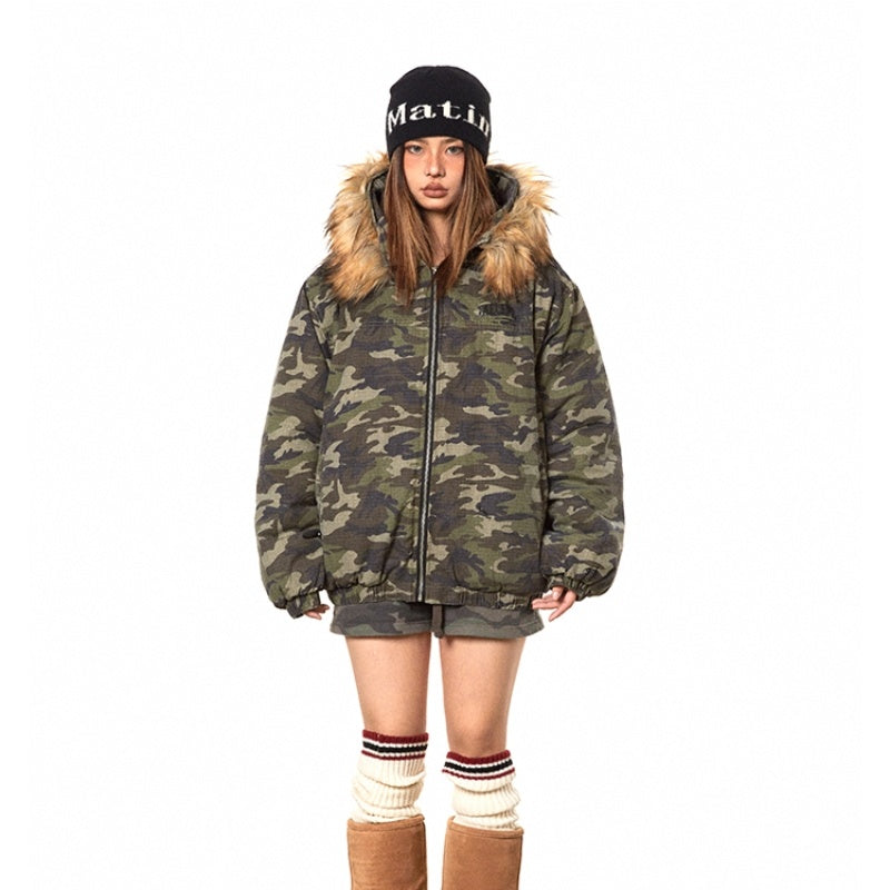 American Retro Heavy Big Fur Collar Hooded Camouflage Cotton Jacket