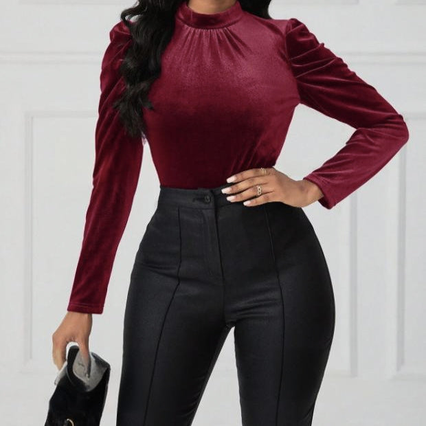 Women's Solid Color Round Neck Bubble Sleeve Slim Fit T-shirt