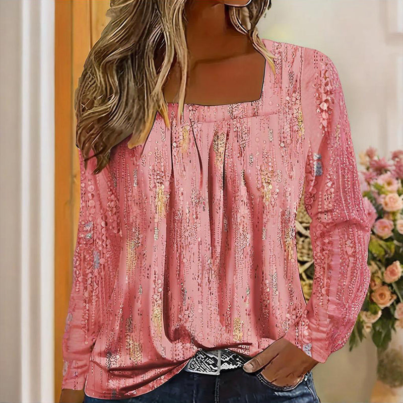 Plus Size Women's Floral Sequin Square Neck Long Sleeve T-Shirt - Printed Casual Spring&Summer Top