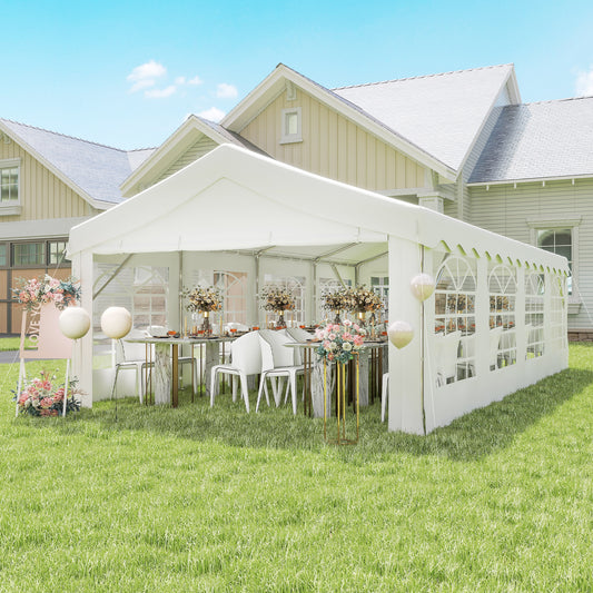 13' X 26' Heavy-Duty Outdoor Carport Party Event Tent, Patio Gazebo Canopy Pavilion With 4 Sidewalls & 8 Windows, White