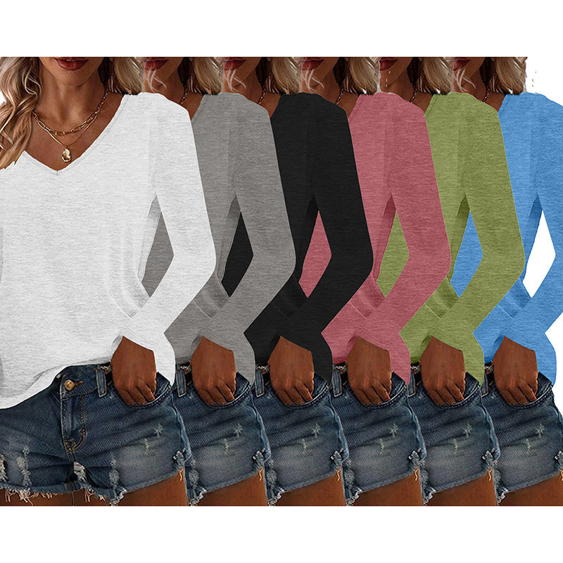 6 Pack Women's Long Sleeve T-Shirts, Loose Fit V Neck Tunic Tops Casual Solid Basic Tee Shirts