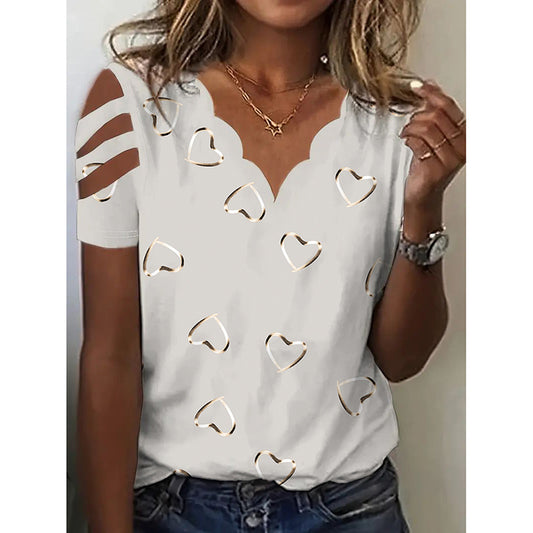Women Cold Shoulder Tops Casual Loose Hollow Out Short Sleeve T Shirt Sexy V Neck Tops Blouses