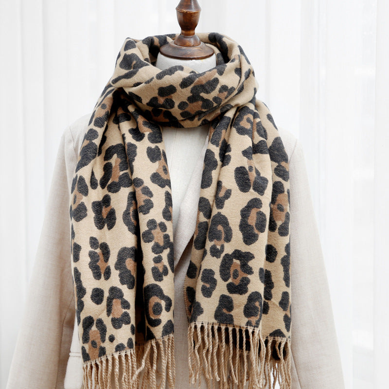 Double-sided Leopard Print Scarf With Thick Tassels  Cashmere To Keep Warm