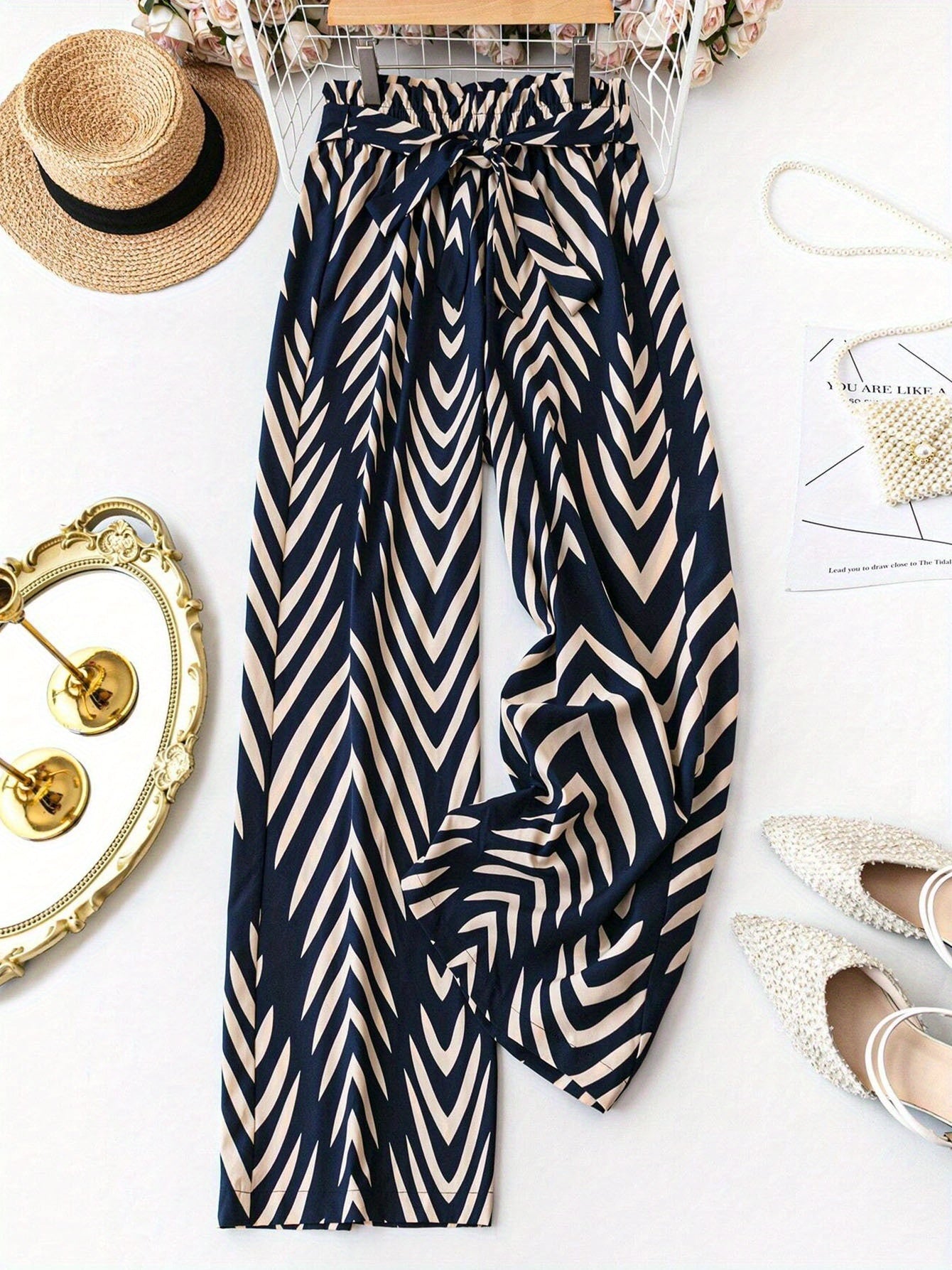 Women's Plus Size Printed Wide-Leg Pants - Summer Office Casual Black Trousers With Belt