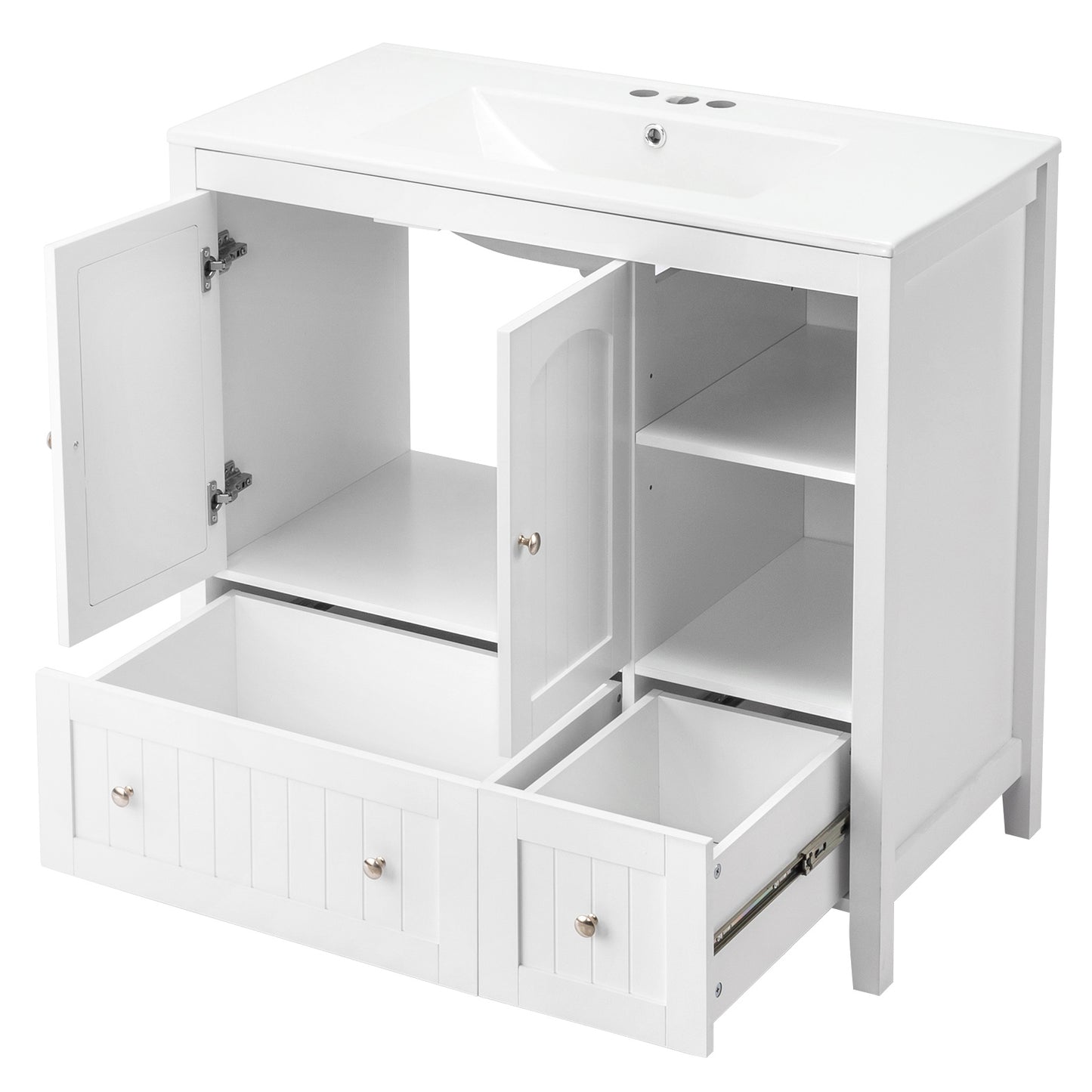 White MDF Painted Double Door Double Drawer With Masking Strip Basin Cabinet 91x46x82cm