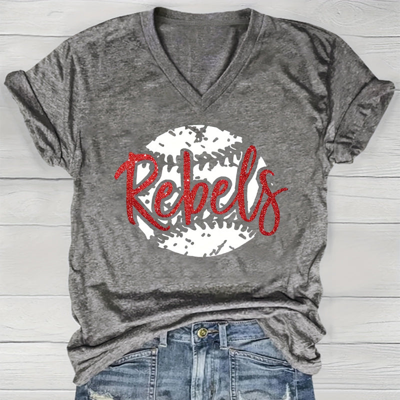 Women's V-Neck Baseball & 'REBEL' Print Tee - Edgy Summer Top