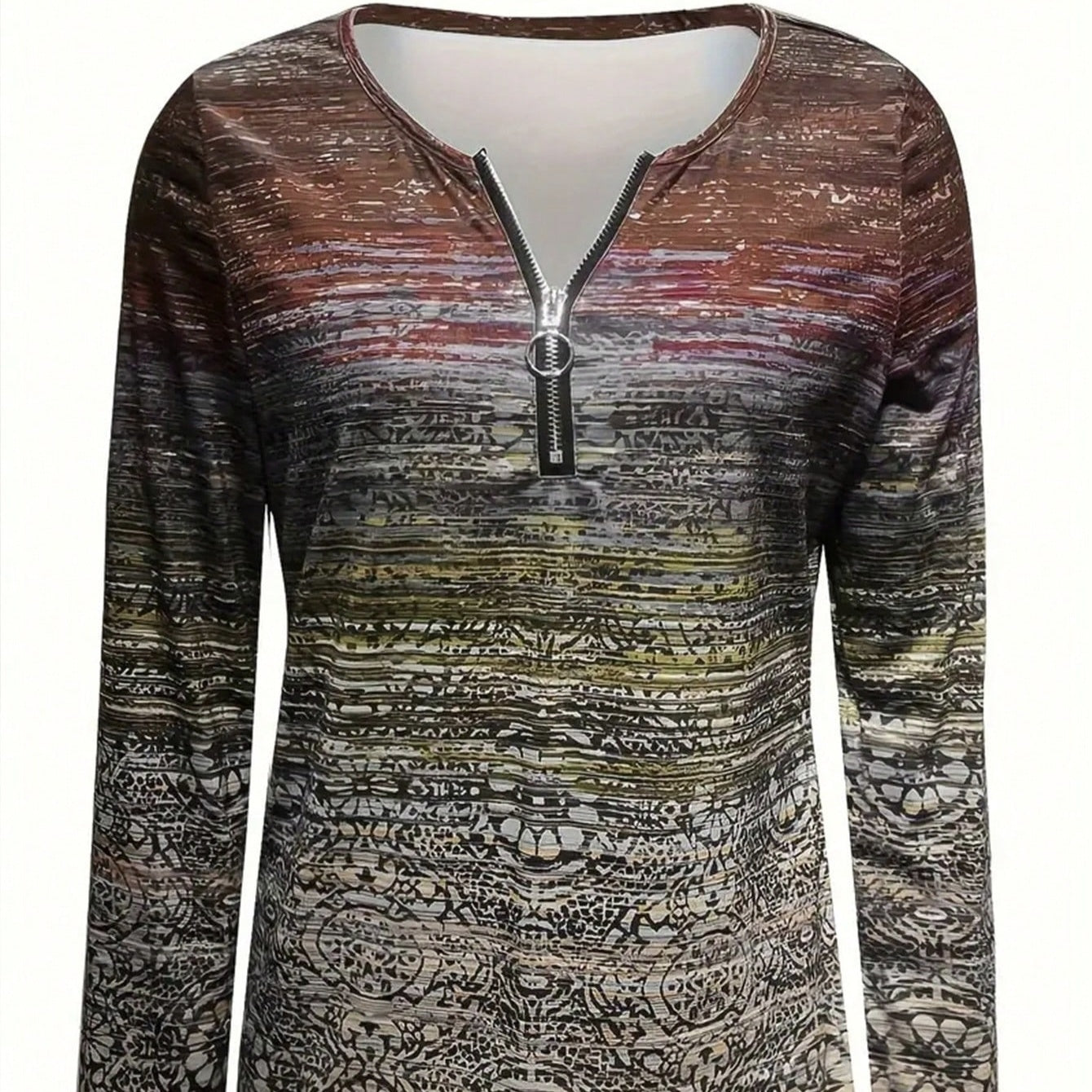 Ladies' Spring And Autumn Summer New Style Upbound Zipper Detail Retro All Round Printed Elegant Style Long Sleeve T-shirt Top