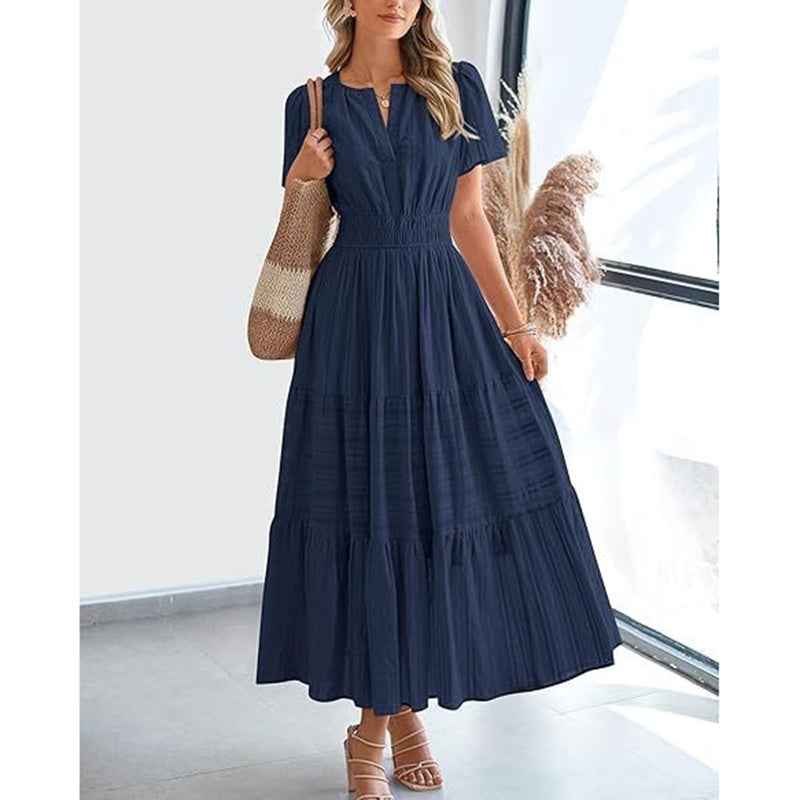 Women's Summer Short Sleeve V Neck Swing Dress Flowy Pleated Tiered Maxi Beach Sundress With Pockets