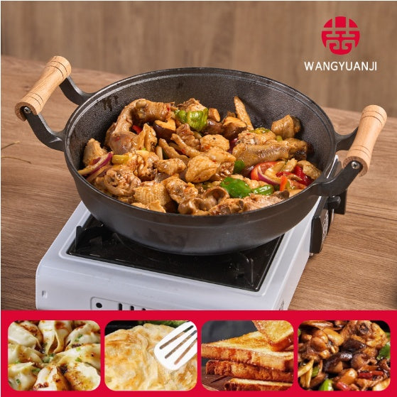 WANGYUANJI 11.8Pancake Griddle With Wooden Handle, Cast Iron Skillet, Uncoated Pan For Home, Thickened Non-Stick Skillet, Multi-Purpose Skillet With Wire Balls