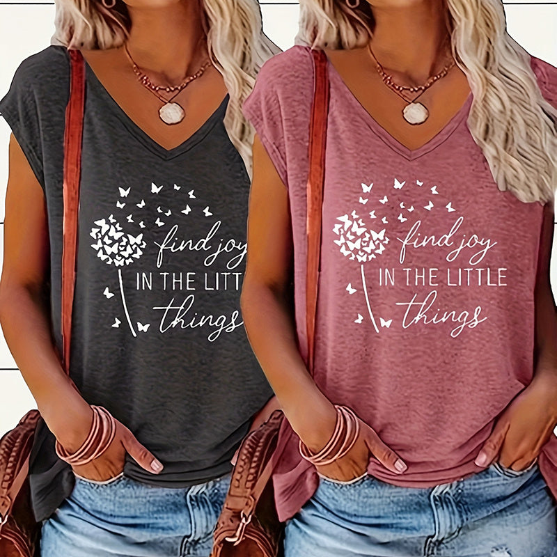 Women's 2-Piece Set V-Neck Short Sleeve T-Shirt With Sunflower & Letter Print, Casual Summer Tee