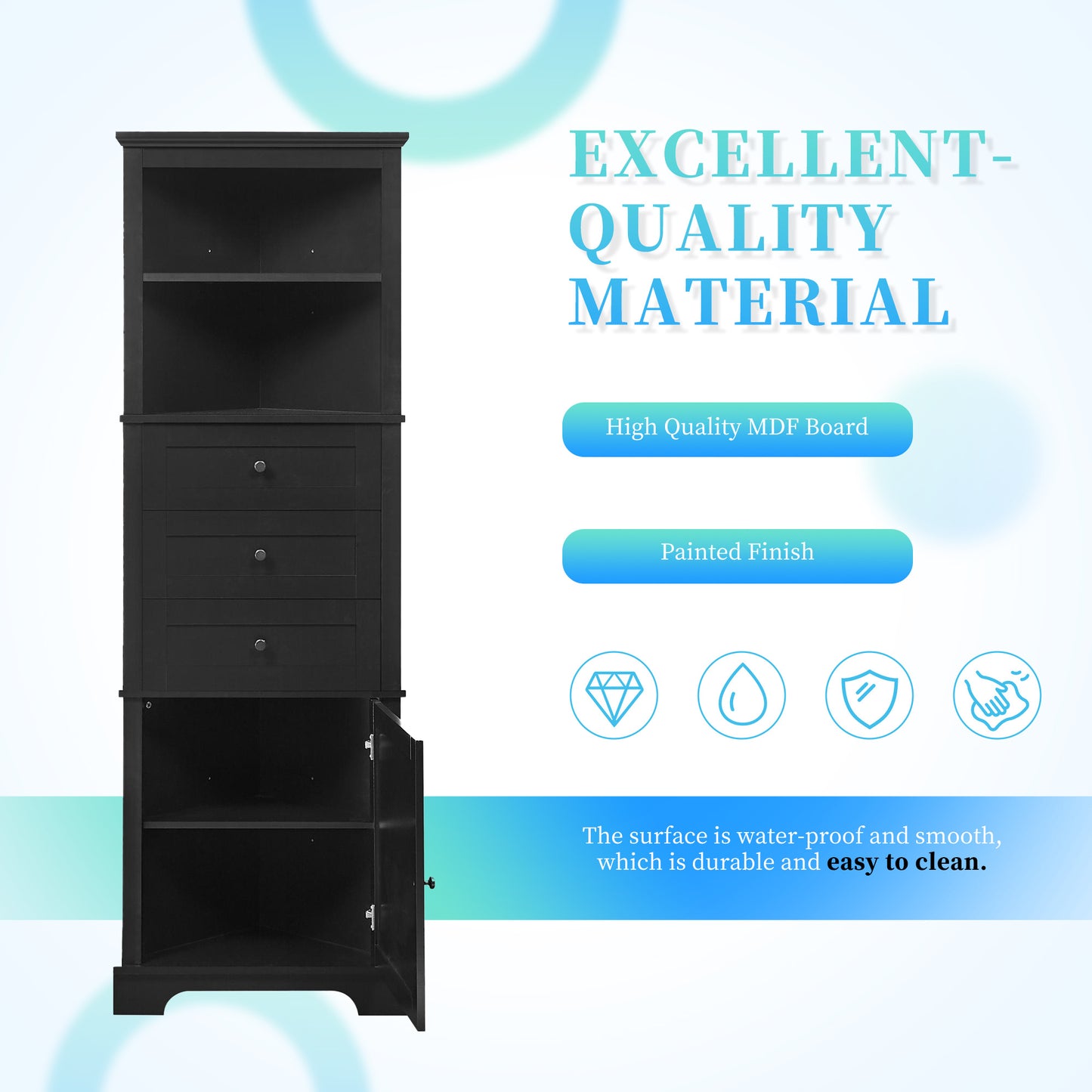 Black Triangular High Cabinet With 3 Drawers And Adjustable Shelves, Suitable For Bathroom, Kitchen Or Living Room, Prohibited Platform Temu