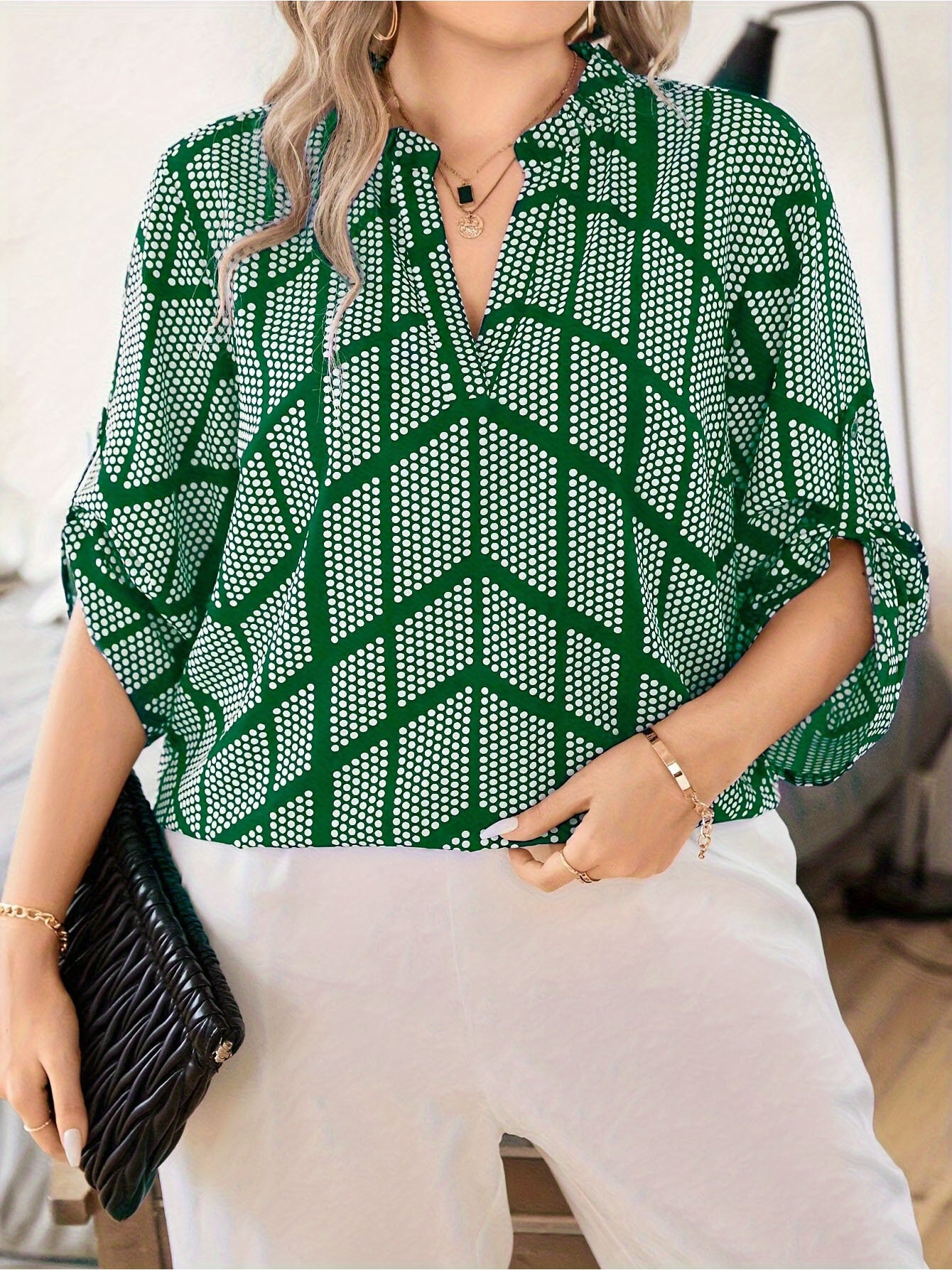 Women's Plus Size Summer Dot Print V-Neck Elbow Sleeve Blouse - Resort Casual Work Top