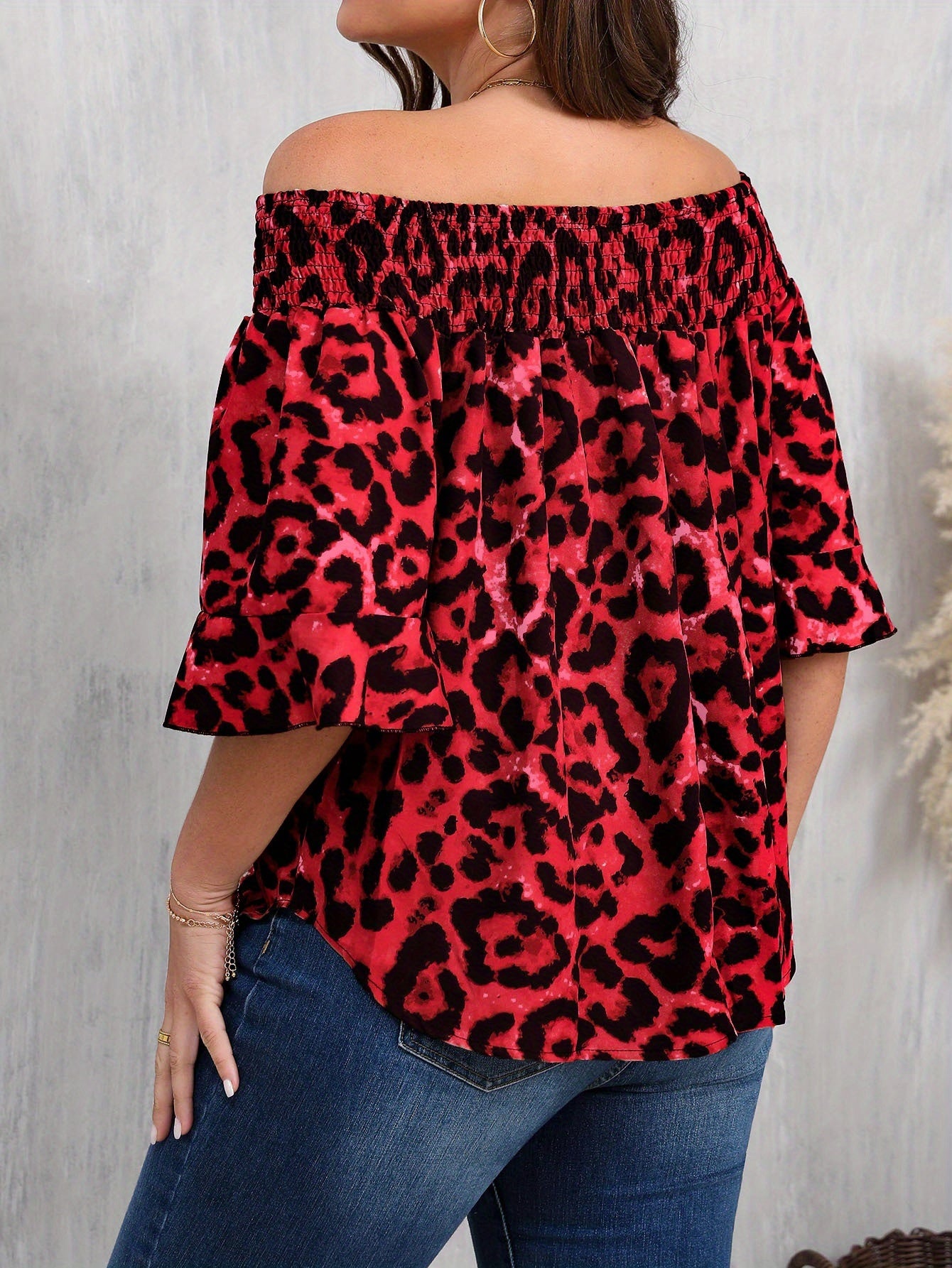 Women's Plus Size Leopard Print Blouse - Elegant Off-Shoulder Ruffle Sleeve Spring Shirt, Plus Size Women's Top