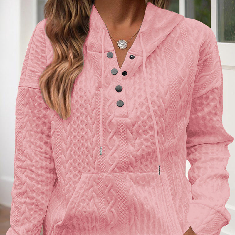 Women's V-Neck Solid Textured Long Sleeve Hoodie With Button Front & Kangaroo Pocket - Drawstring Hood Casual Pullover