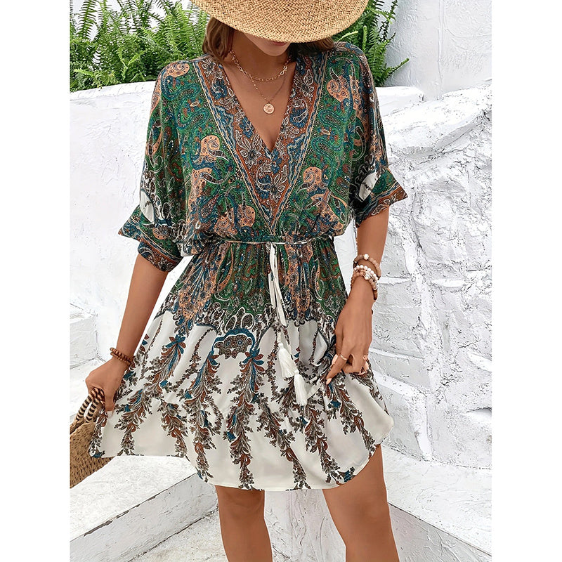 Women's Bohemian Dress V Neck Front Tie Short Sleeve Floral A Line Beach Boho Flowy Tunic Dress