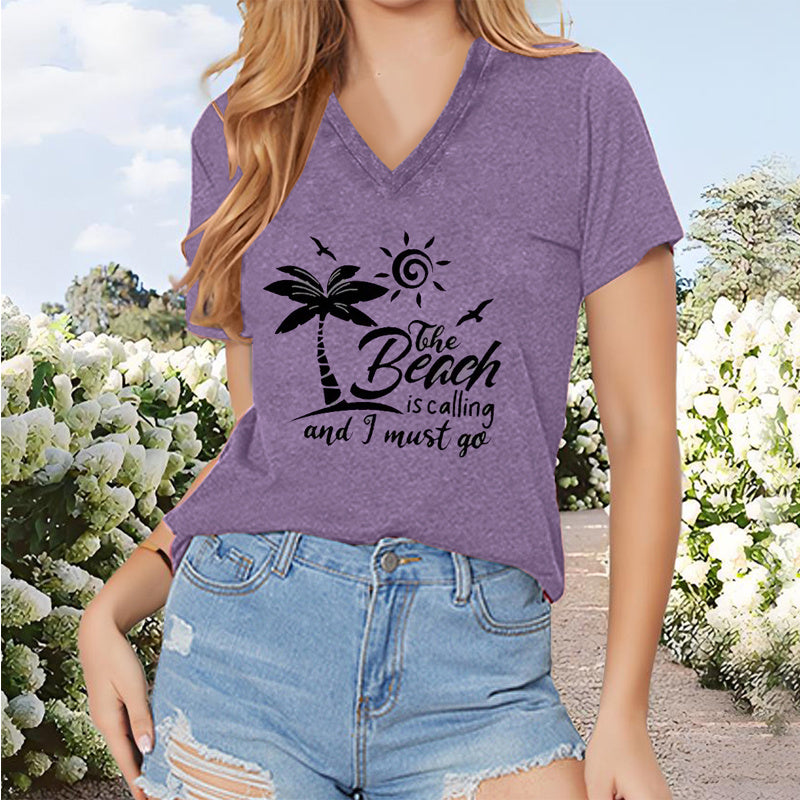 Women's V-Neck Beach Scene & Slogan Print Vacation Summer Top
