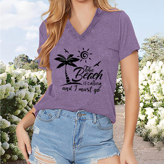 Women's V-Neck Beach Scene & Slogan Print Vacation Summer Top