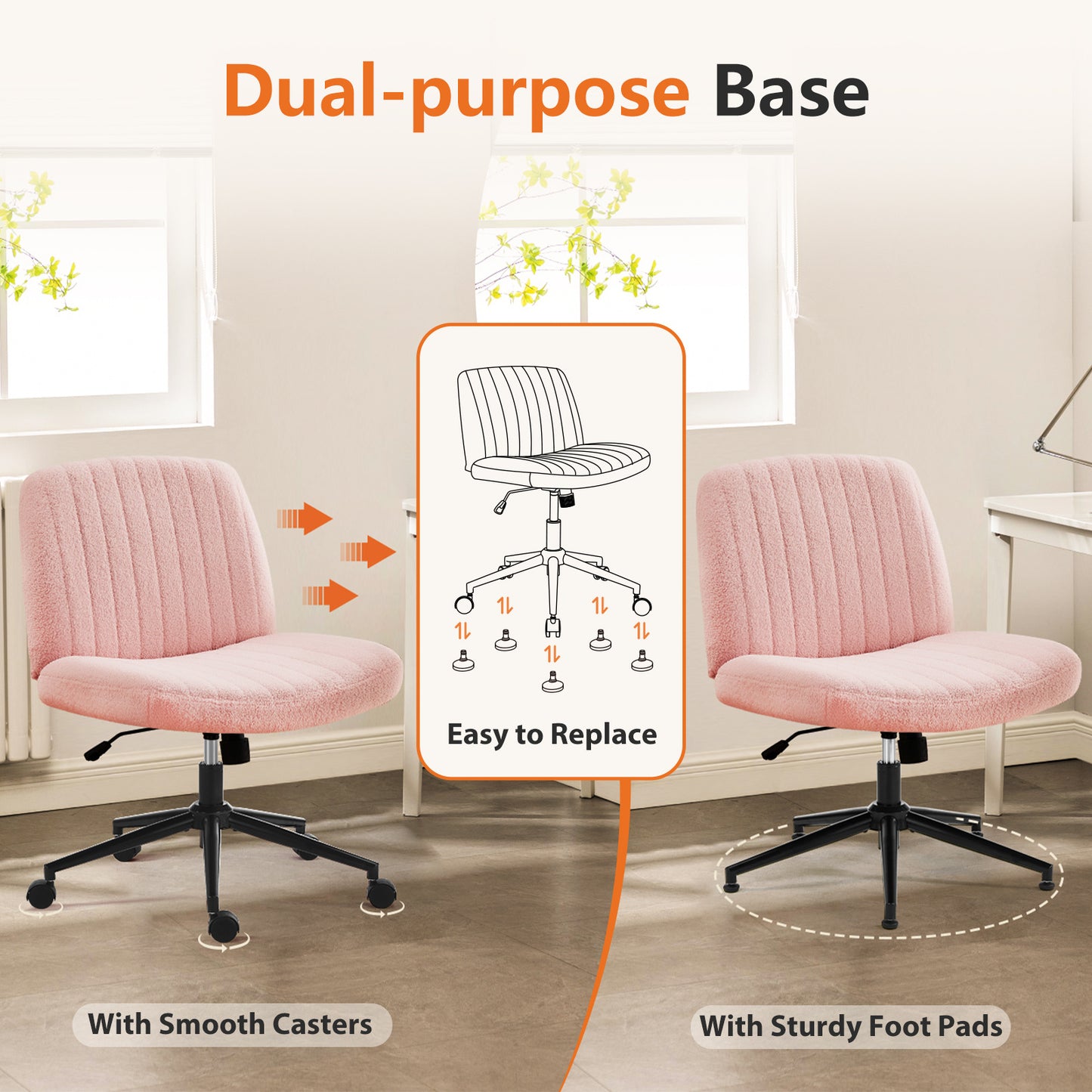 Office Desk Vanity Chair Cross Legged Armless Swivel Fabric Height Adjustable Wide Seat With Replaceable Wheels-Fixed Base, Comfy Task Chair Padded