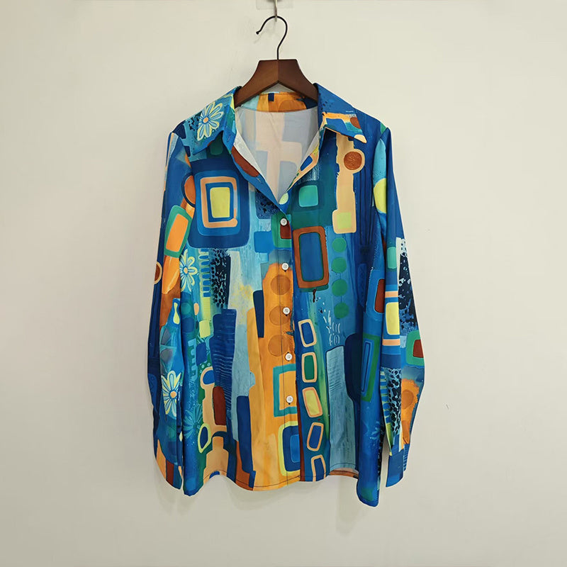 Women's Lapel Collar Printed Long Sleeve Shirt - Vibrant Colorful Pattern Button-Up Blouse Stylish Spring&Summer Vacation Top